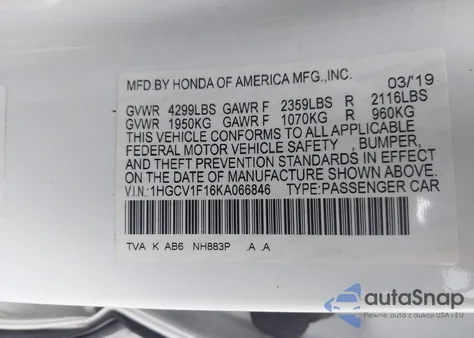 2019 Honda Accord Lx z USA, uszkodzony, nr VIN 1HGCV1F16KA066846